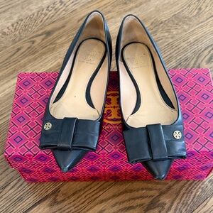 Tory Burch Black Leather Heels with Gold Accents